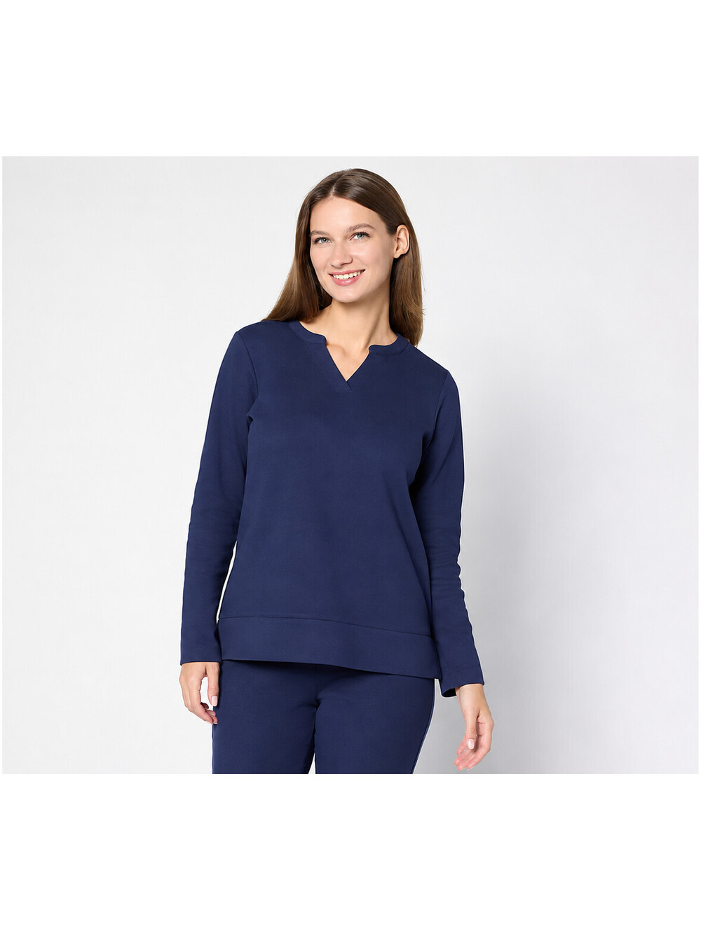 Denim & Co. Texture Terry Long Sleeve Split Neck Top Navy, Large